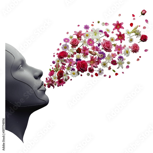 Profile of a Woman Head Emitting Floral Bouquet.