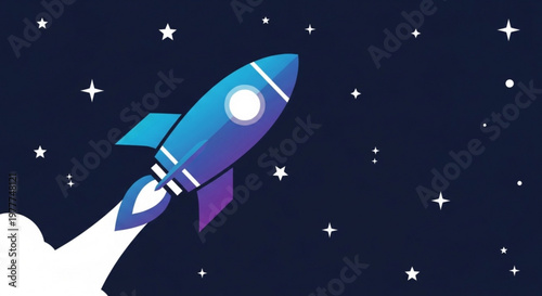 Rocket ship blasting off into starry night sky with vibrant purple and blue colors and white streak