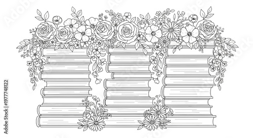 Vintage Books Stacked with Floral Garland - Coloring Page