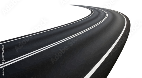 Curving asphalt road with white lines on a white background, isolated.
