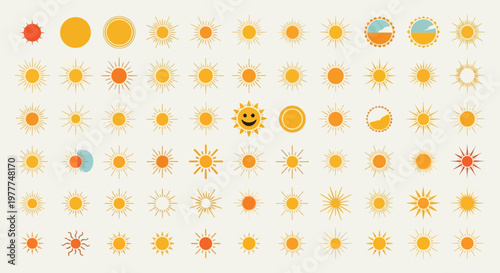 Collection of Diverse Sun Icons and Symbols: Summer, Weather, and Energy Concepts