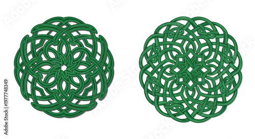 Green Celtic Knot Circular Ornaments, Intricate Interlaced Patterns, Decorative Design Elements