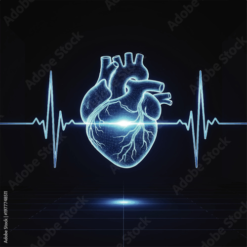 Glowing Anatomical Heart With Electrocardiogram Contrast.