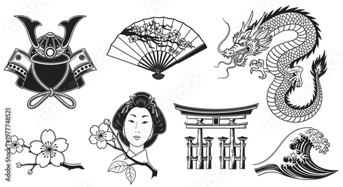 Japanese Icons: Samurai Helmet, Geisha, Dragon, Fan, Torii Gate, Wave, Cherry Blossom