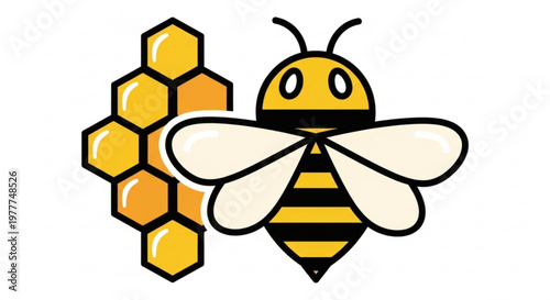 A cartoon bee with yellow and black stripes flies beside a honeycomb on a white background symbolizing industry and nature