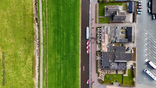 Aerial drone shots of the water village of Giethoorn Overijsel Netherlands