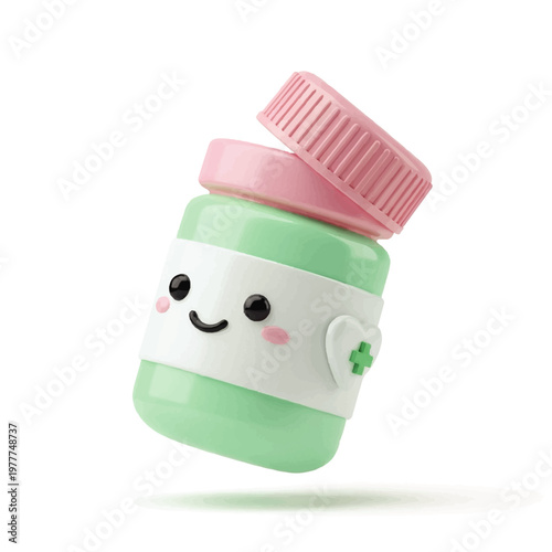 Cute smiling baby bottle with pastel pink lid.