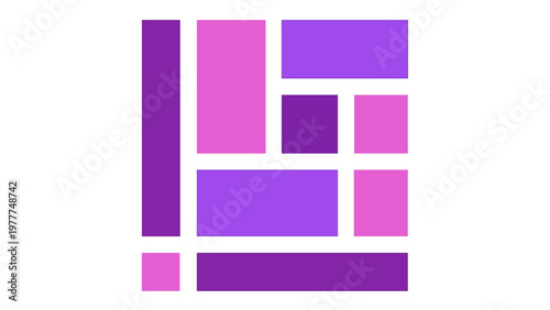 Modern geometric vector illustration of a website page layout wireframe with purple and pink rectangular blocks, minimalist UI design icon for digital interface planning and structure.