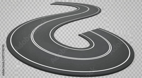 Winding Asphalt Road with White Lines on Transparent Background - Journey Concept