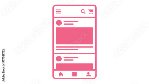 Teal and pink gradient vector illustration of a mobile application user interface layout, featuring a social media news feed with search, shopping cart, and menu icons for digital design.