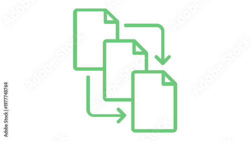 Vibrant blue and green gradient vector icon illustration depicting a sequential document flow or page layout with three file sheets and directional arrows for business process management.