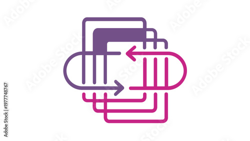 Modern AI-generated vector icon illustration of a page layout transition or document flow, featuring overlapping rectangular frames with directional arrows in a vibrant teal and purple gradient.