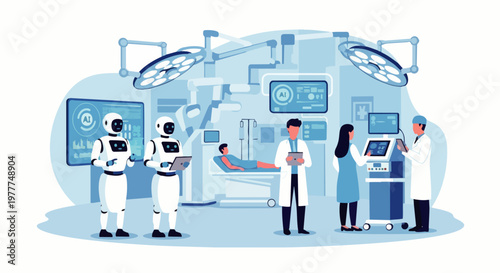 Flat vector illustration of an AI robot assisting doctors and nurses in a modern hospital operating room. Medical technology powered by artificial intelligence.