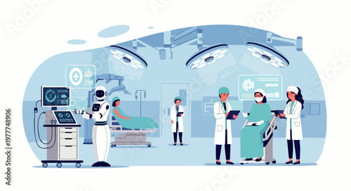 Flat vector illustration of an AI robot assisting doctors and nurses in a modern hospital operating room. Medical technology powered by artificial intelligence.