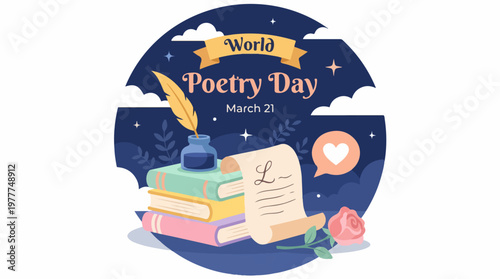 Shakespeare Day celebration with books, quill, and poetry on a starry night background