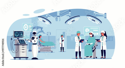 Flat vector illustration of an AI robot assisting doctors and nurses in a modern hospital operating room. Medical technology powered by artificial intelligence.