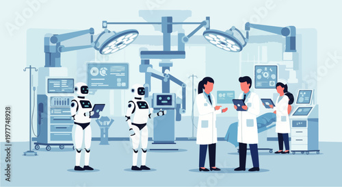 Flat vector illustration of an AI robot assisting doctors and nurses in a modern hospital operating room. Medical technology powered by artificial intelligence.