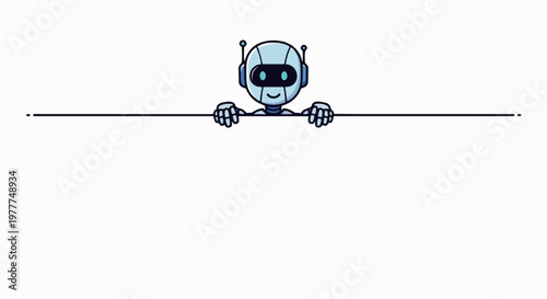 Flat vector illustration of a friendly AI robot character smiling while holding a blank advertising banner with text space. Suitable for business promotions, tech content, and digital advertising.