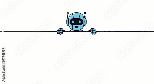 Flat vector illustration of a friendly AI robot character smiling while holding a blank advertising banner with text space. Suitable for business promotions, tech content, and digital advertising.