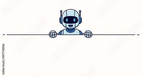 Flat vector illustration of a friendly AI robot character smiling while holding a blank advertising banner with text space. Suitable for business promotions, tech content, and digital advertising.