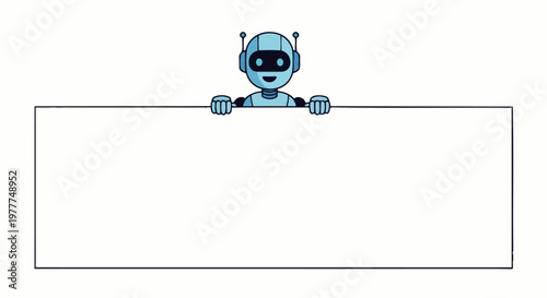 Flat vector illustration of a friendly AI robot character smiling while holding a blank advertising banner with text space. Suitable for business promotions, tech content, and digital advertising.
