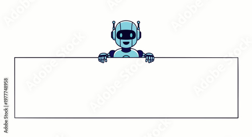 Flat vector illustration of a friendly AI robot character smiling while holding a blank advertising banner with text space. Suitable for business promotions, tech content, and digital advertising.