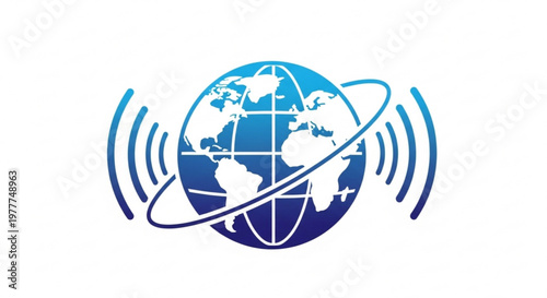 Global communication symbol with blue earth and signal waves on white background for international connection concepts