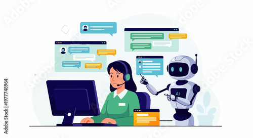 Flat vector illustration of a customer service agent working on a computer with an AI robot helping answer customer messages. The concept of artificial intelligence in modern communication technology.