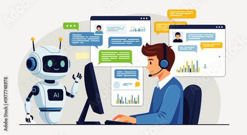 Flat vector illustration of a customer service agent working on a computer with an AI robot helping answer customer messages. The concept of artificial intelligence in modern communication technology.