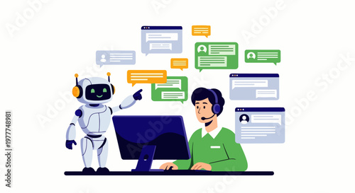 Flat vector illustration of a customer service agent working on a computer with an AI robot helping answer customer messages. The concept of artificial intelligence in modern communication technology.