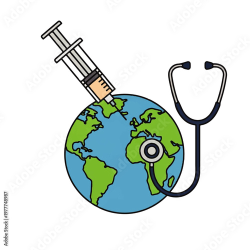 Global health vaccination concept with Earth syringe and stethoscope.