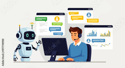 Flat vector illustration of a customer service agent working on a computer with an AI robot helping answer customer messages. The concept of artificial intelligence in modern communication technology.
