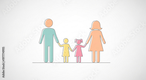 Family of four walking together in a line holding hands with colorful minimalist design on white background