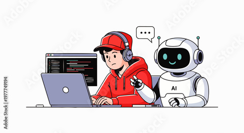 Vector illustration of a friendly AI robot helping a young man using a laptop, human-AI collaboration, virtual assistant support and modern technology that helps with work, coding or digital tasks.