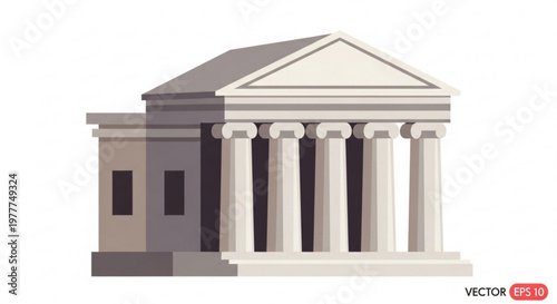 Classic greek temple with columns and triangular pediment on white background