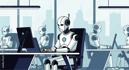 Flat vector illustration of artificial intelligence robot working on laptop in modern office workspace, artificial intelligence, business and automation concept.