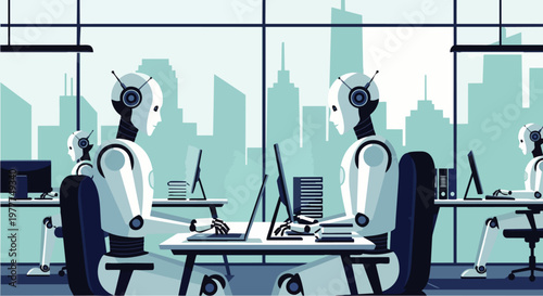 Flat vector illustration of artificial intelligence robot working on laptop in modern office workspace, artificial intelligence, business and automation concept.