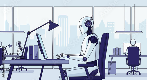 Flat vector illustration of artificial intelligence robot working on laptop in modern office workspace, artificial intelligence, business and automation concept.