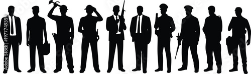 Minimalist black and white silhouette illustration of business men in suits with varied poses in horizontal lineup composition