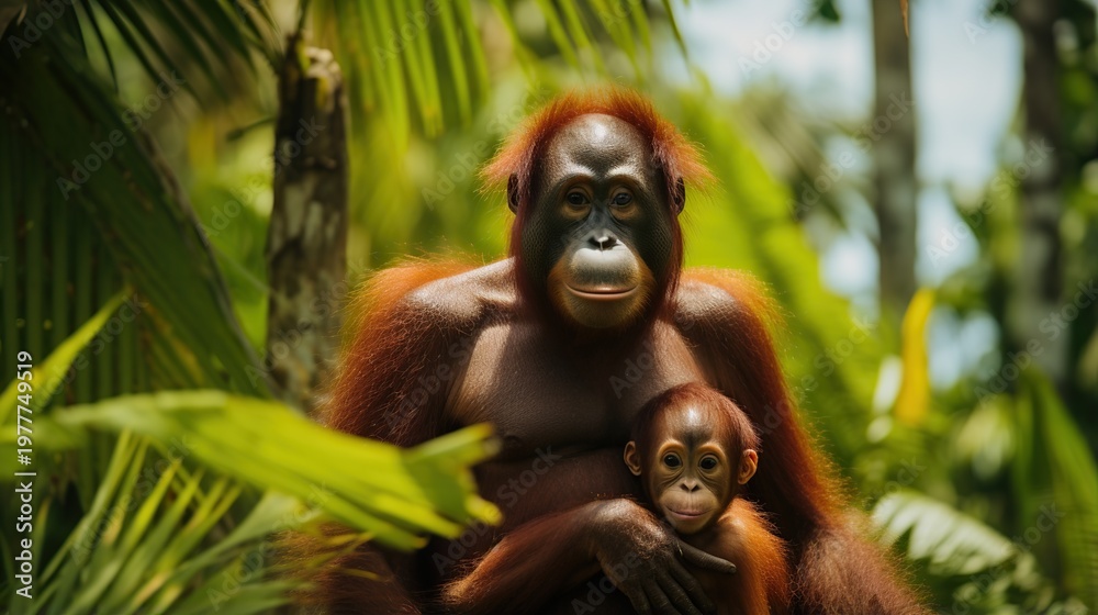 Obraz premium Adult Orangutan and Its Baby Nestled in Lush Tropical Foliage Under Bright Sunlight