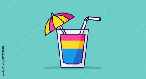 Colorful cocktail glass with umbrella and straw on teal background summer drink