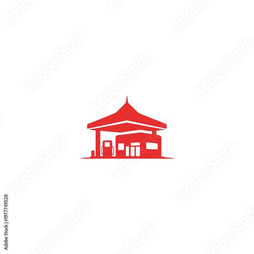 Vibrant minimalist red gas station building illustration, showcasing a unique architectural style with a traditional multi-tiered roof design, symbolizing modern fuel service
