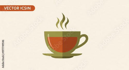 Steaming hot cup of tea in green mug on saucer isolated on beige background vector illustration
