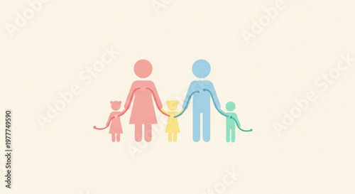 Diverse family with two adults and two children holding hands in colorful minimalist illustration