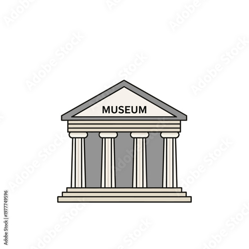 Clean vector illustration of a simple flat design museum building icon, representing history, culture, and educational travel destinations