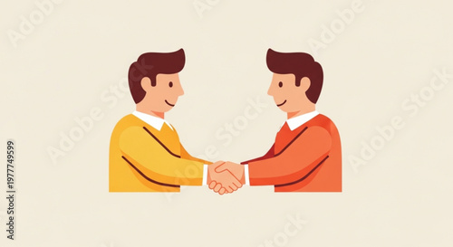 Two businessmen shaking hands in agreement partnership or friendship with a solid beige background