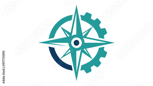 Business coaching and consulting vector icon illustration featuring a stylized teal compass rose integrated with a mechanical gear cogwheel, representing strategic direction and industrial growth.