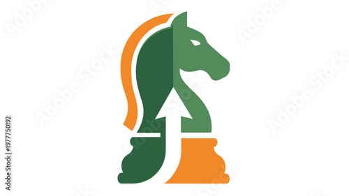 Business coaching and strategy vector icon illustration featuring a green and orange chess knight piece with a white upward growth arrow, symbolizing success, leadership, and strategic growth.