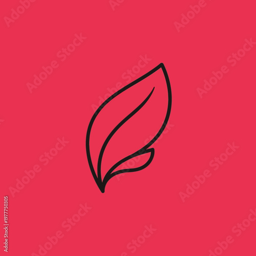 Simple Line Art Leaf Icon on Red Background.
