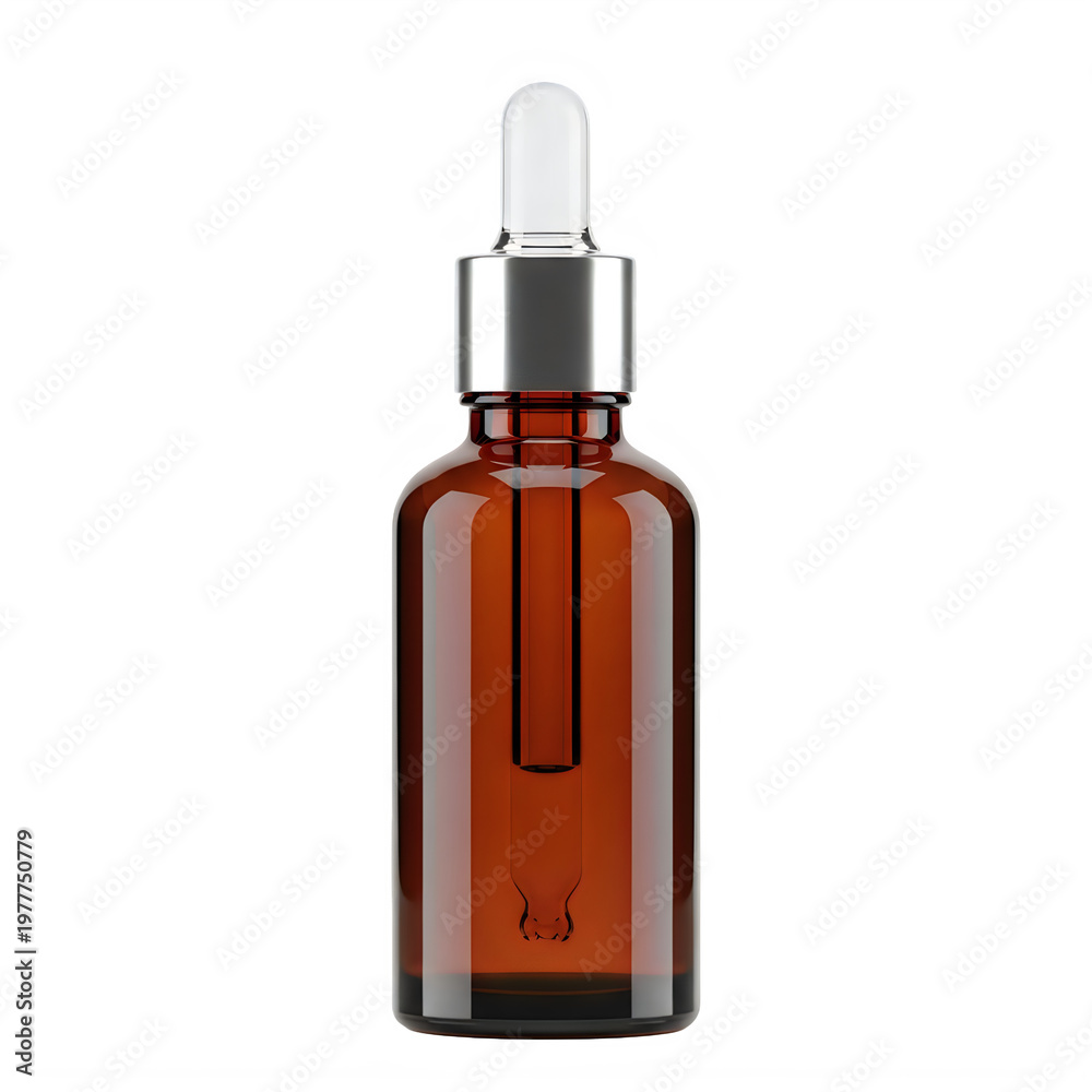 Naklejka premium Amber-toned essential oil dropper bottle with clear stopper isolated on transparent background png.